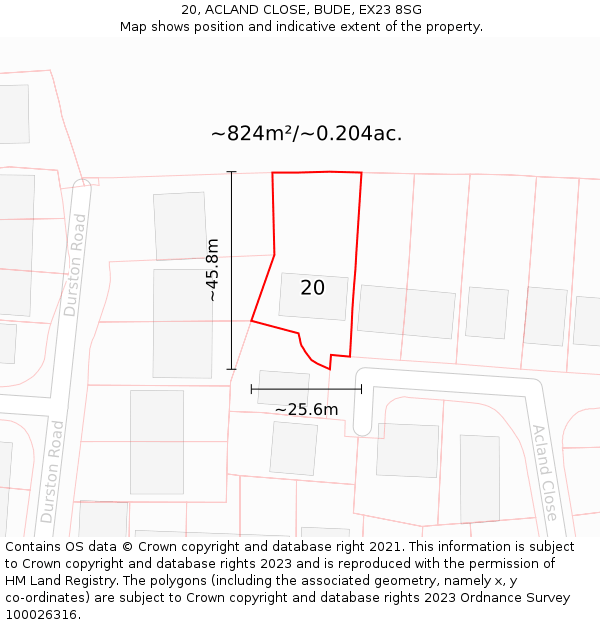 20, ACLAND CLOSE, BUDE, EX23 8SG: Plot and title map