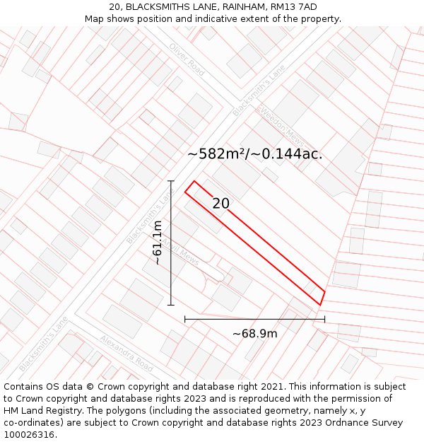 20, BLACKSMITHS LANE, RAINHAM, RM13 7AD: Plot and title map