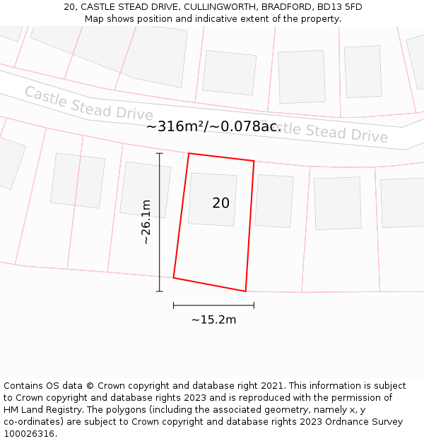 20, CASTLE STEAD DRIVE, CULLINGWORTH, BRADFORD, BD13 5FD: Plot and title map