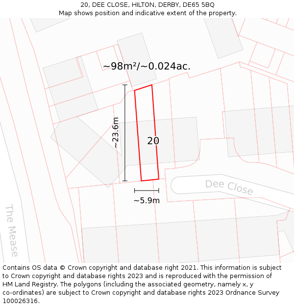 20, DEE CLOSE, HILTON, DERBY, DE65 5BQ: Plot and title map