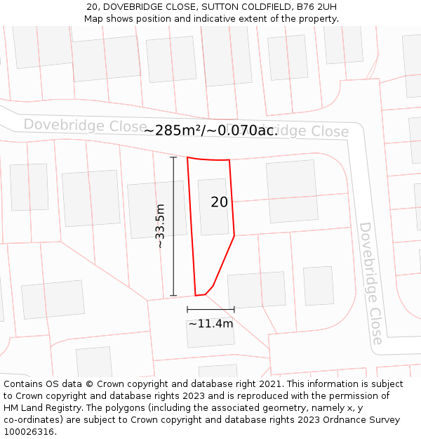 20, DOVEBRIDGE CLOSE, SUTTON COLDFIELD, B76 2UH: Plot and title map