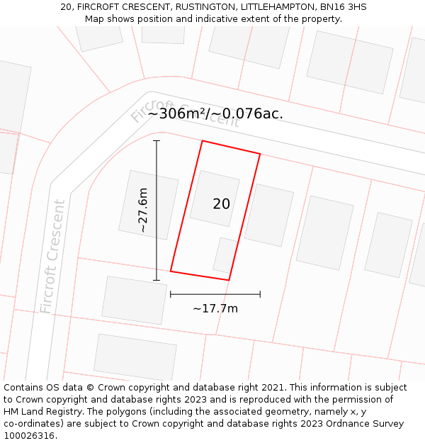 20, FIRCROFT CRESCENT, RUSTINGTON, LITTLEHAMPTON, BN16 3HS: Plot and title map