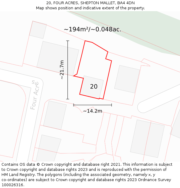 20, FOUR ACRES, SHEPTON MALLET, BA4 4DN: Plot and title map