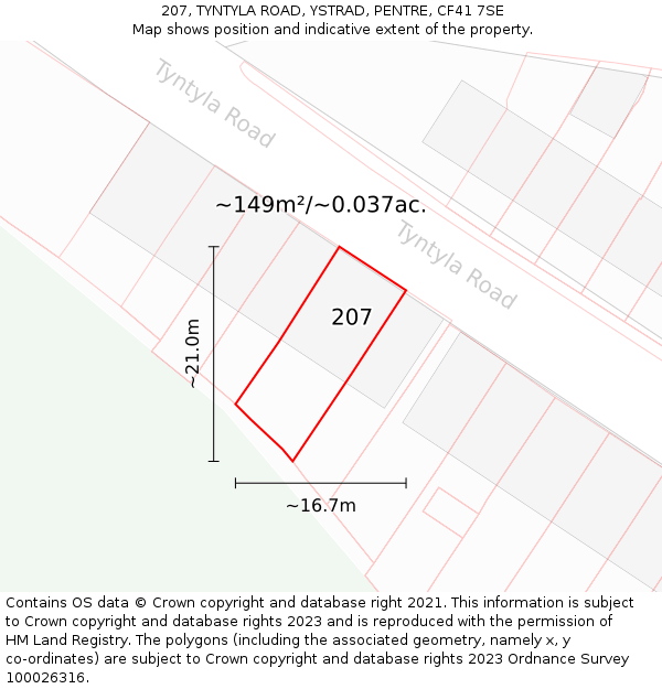 207, TYNTYLA ROAD, YSTRAD, PENTRE, CF41 7SE: Plot and title map