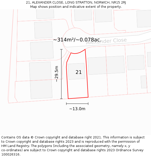 21, ALEXANDER CLOSE, LONG STRATTON, NORWICH, NR15 2RJ: Plot and title map