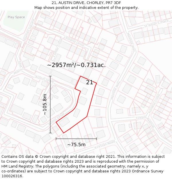 21, AUSTIN DRIVE, CHORLEY, PR7 3DF: Plot and title map