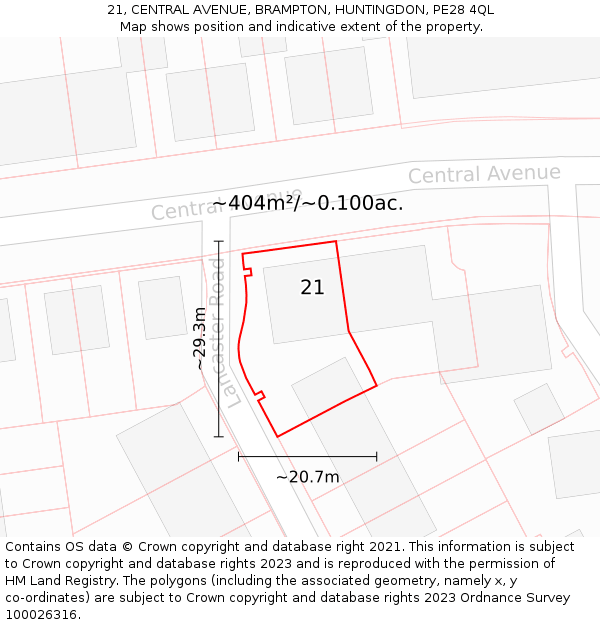 21, CENTRAL AVENUE, BRAMPTON, HUNTINGDON, PE28 4QL: Plot and title map