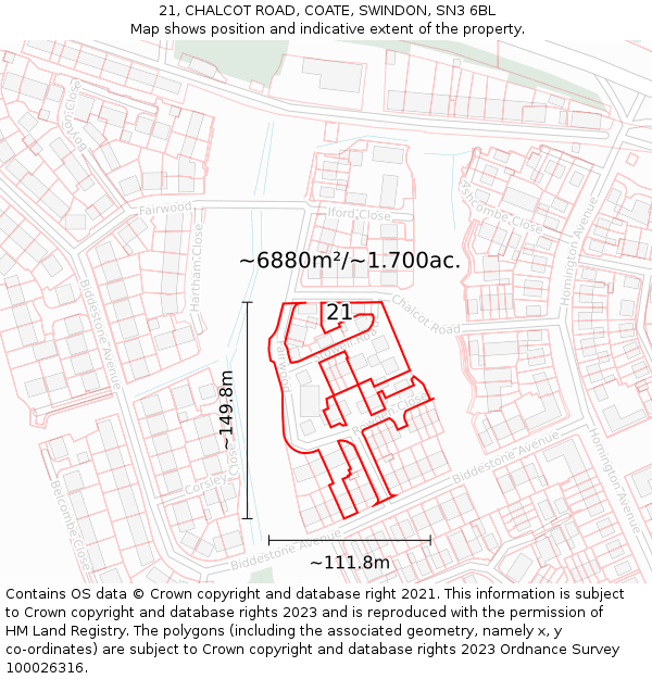 21, CHALCOT ROAD, COATE, SWINDON, SN3 6BL: Plot and title map