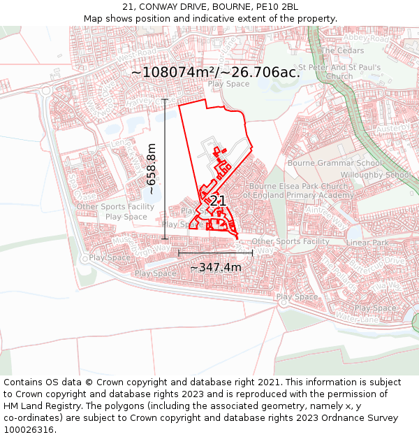 21, CONWAY DRIVE, BOURNE, PE10 2BL: Plot and title map