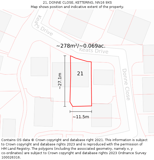 21, DONNE CLOSE, KETTERING, NN16 9XS: Plot and title map