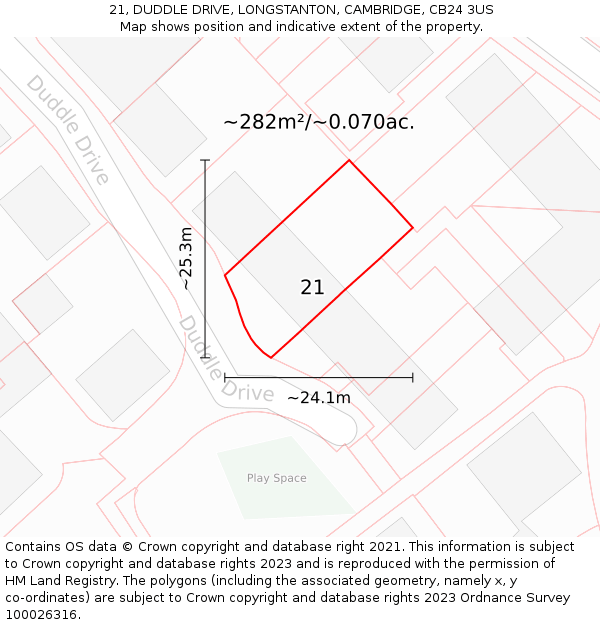 21, DUDDLE DRIVE, LONGSTANTON, CAMBRIDGE, CB24 3US: Plot and title map
