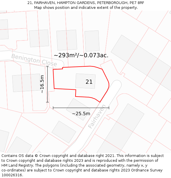 21, FAIRHAVEN, HAMPTON GARDENS, PETERBOROUGH, PE7 8RF: Plot and title map