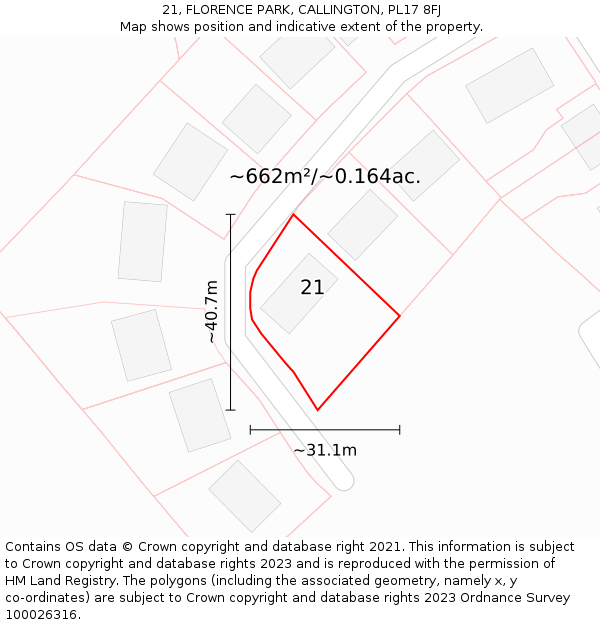 21, FLORENCE PARK, CALLINGTON, PL17 8FJ: Plot and title map
