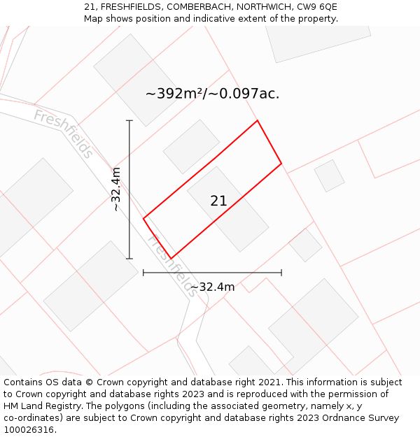 21, FRESHFIELDS, COMBERBACH, NORTHWICH, CW9 6QE: Plot and title map