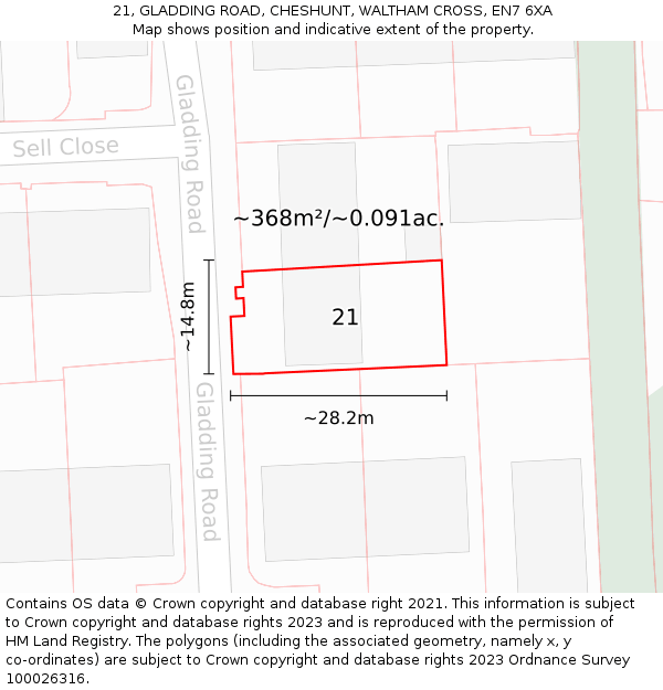 21, GLADDING ROAD, CHESHUNT, WALTHAM CROSS, EN7 6XA: Plot and title map