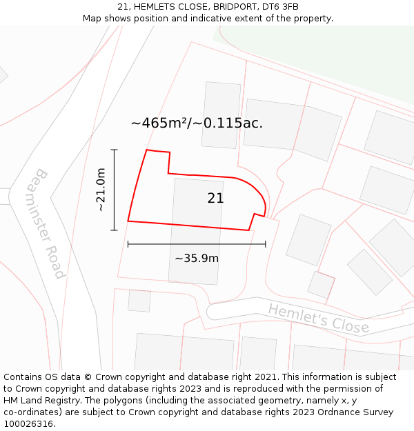 21, HEMLETS CLOSE, BRIDPORT, DT6 3FB: Plot and title map