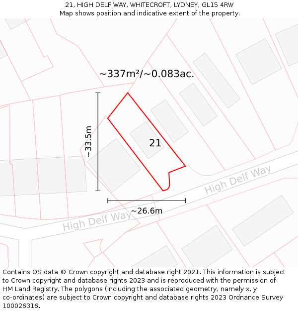 21, HIGH DELF WAY, WHITECROFT, LYDNEY, GL15 4RW: Plot and title map