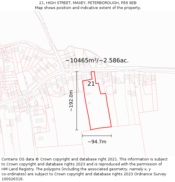 21, HIGH STREET, MAXEY, PETERBOROUGH, PE6 9EB: Plot and title map