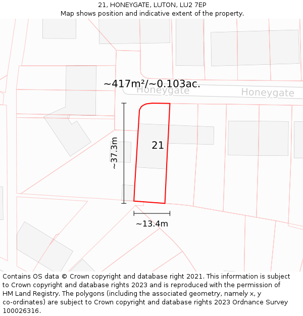 21, HONEYGATE, LUTON, LU2 7EP: Plot and title map