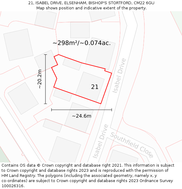21, ISABEL DRIVE, ELSENHAM, BISHOP'S STORTFORD, CM22 6GU: Plot and title map