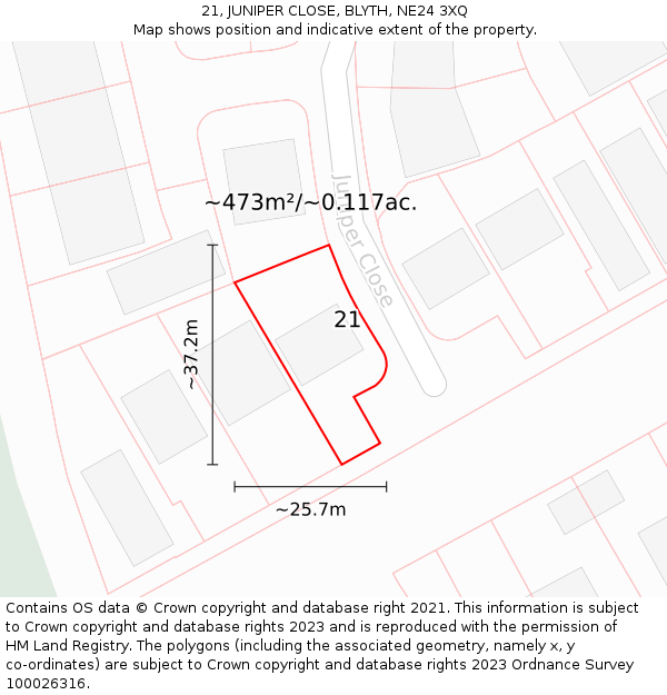21, JUNIPER CLOSE, BLYTH, NE24 3XQ: Plot and title map