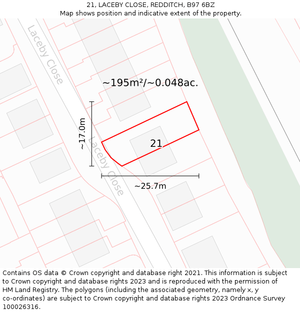 21, LACEBY CLOSE, REDDITCH, B97 6BZ: Plot and title map