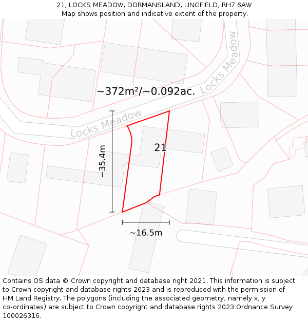 21, LOCKS MEADOW, DORMANSLAND, LINGFIELD, RH7 6AW: Plot and title map