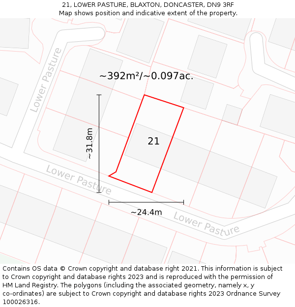 21, LOWER PASTURE, BLAXTON, DONCASTER, DN9 3RF: Plot and title map