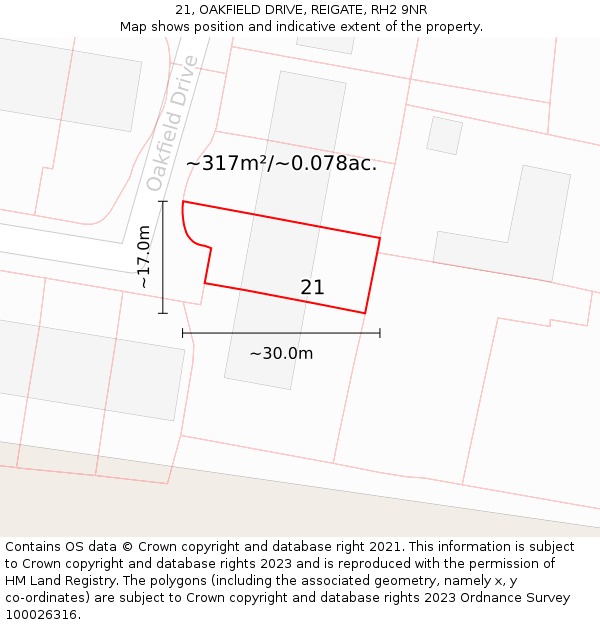 21, OAKFIELD DRIVE, REIGATE, RH2 9NR: Plot and title map