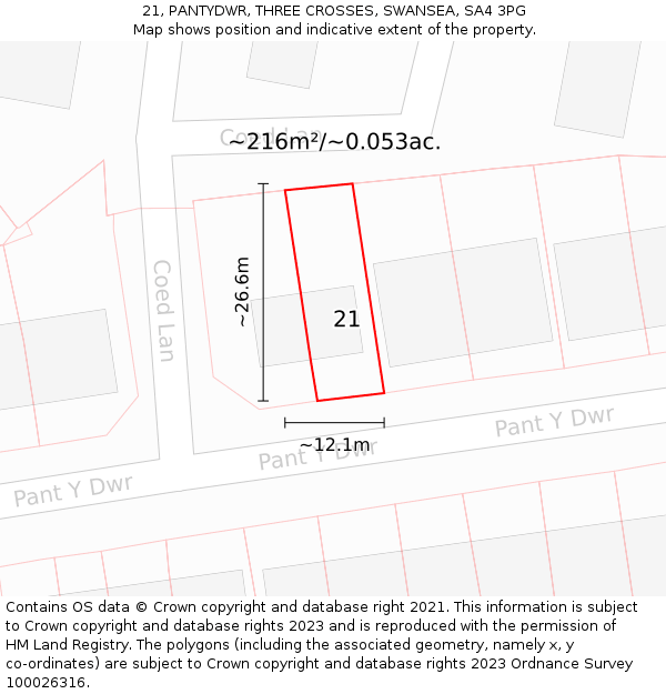 21, PANTYDWR, THREE CROSSES, SWANSEA, SA4 3PG: Plot and title map