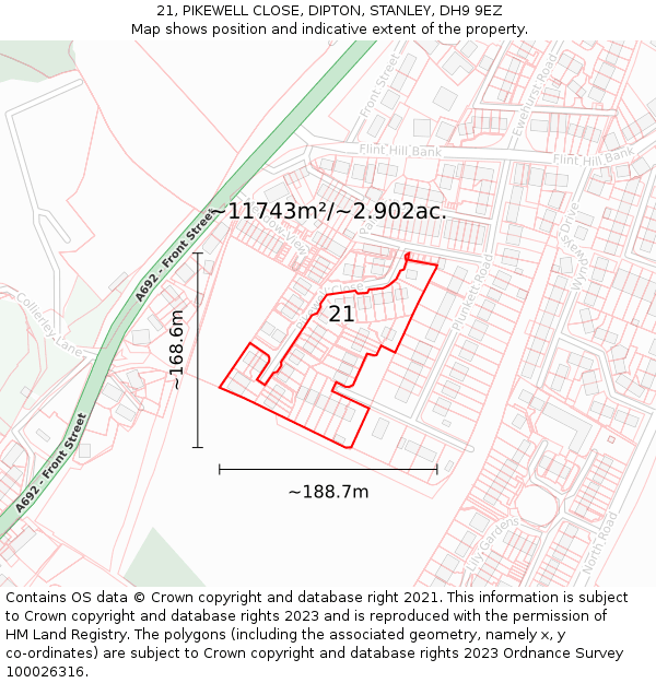21, PIKEWELL CLOSE, DIPTON, STANLEY, DH9 9EZ: Plot and title map