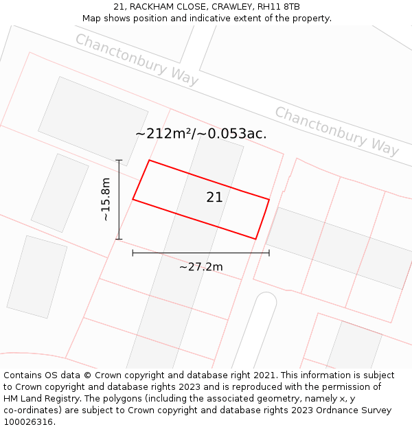 21, RACKHAM CLOSE, CRAWLEY, RH11 8TB: Plot and title map