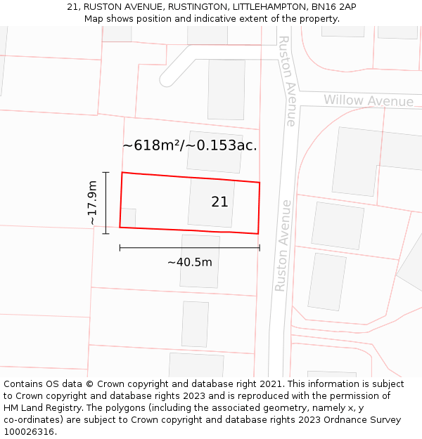 21, RUSTON AVENUE, RUSTINGTON, LITTLEHAMPTON, BN16 2AP: Plot and title map