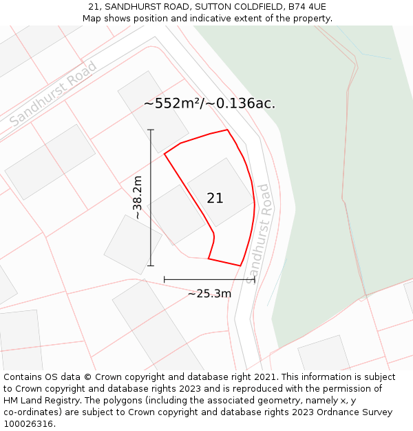 21, SANDHURST ROAD, SUTTON COLDFIELD, B74 4UE: Plot and title map