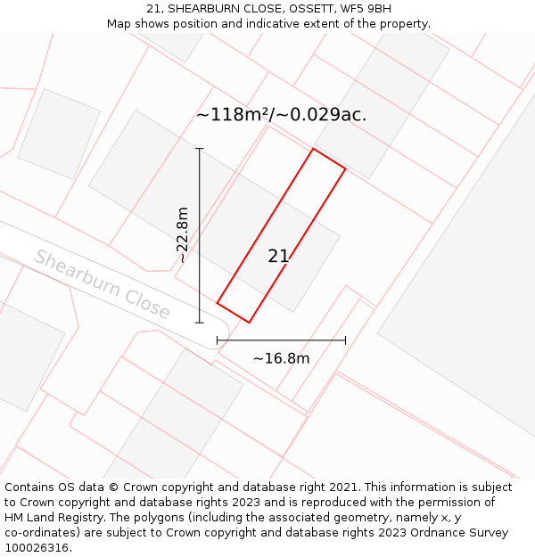 21, SHEARBURN CLOSE, OSSETT, WF5 9BH: Plot and title map