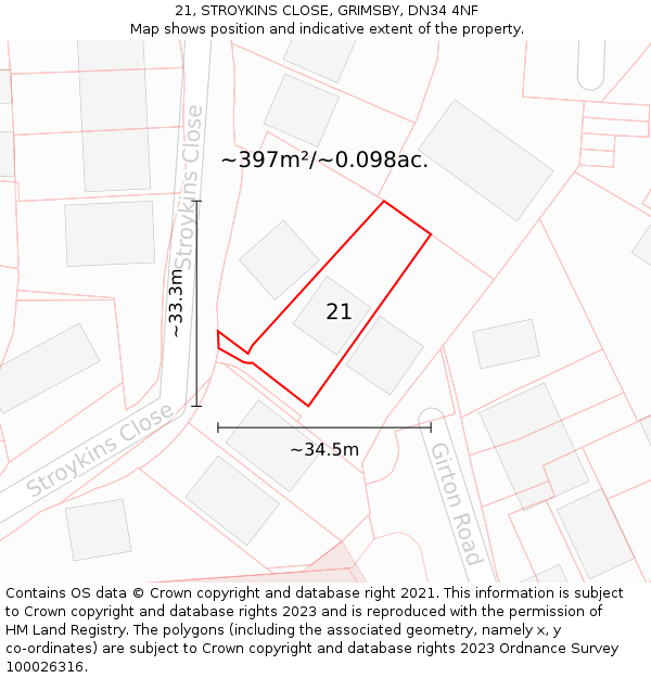 21, STROYKINS CLOSE, GRIMSBY, DN34 4NF: Plot and title map