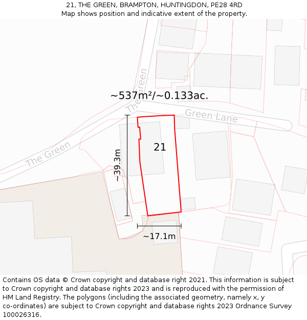 21, THE GREEN, BRAMPTON, HUNTINGDON, PE28 4RD: Plot and title map