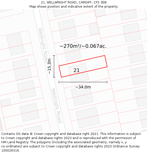 21, WELLWRIGHT ROAD, CARDIFF, CF5 3EB: Plot and title map