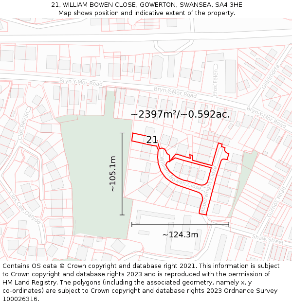 21, WILLIAM BOWEN CLOSE, GOWERTON, SWANSEA, SA4 3HE: Plot and title map