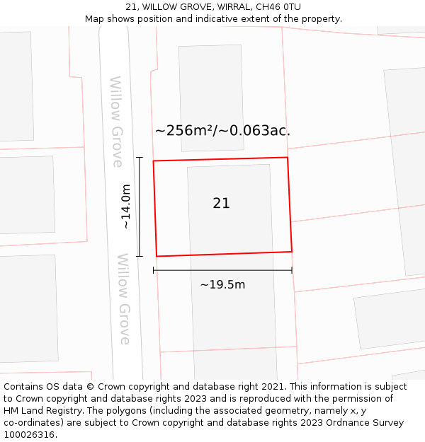 21, WILLOW GROVE, WIRRAL, CH46 0TU: Plot and title map