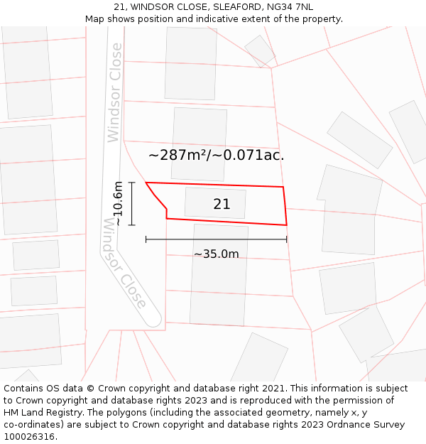 21, WINDSOR CLOSE, SLEAFORD, NG34 7NL: Plot and title map