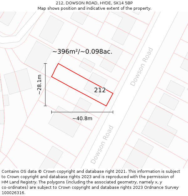 212, DOWSON ROAD, HYDE, SK14 5BP: Plot and title map