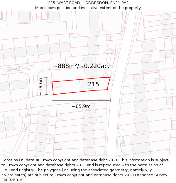 215, WARE ROAD, HODDESDON, EN11 9AF: Plot and title map