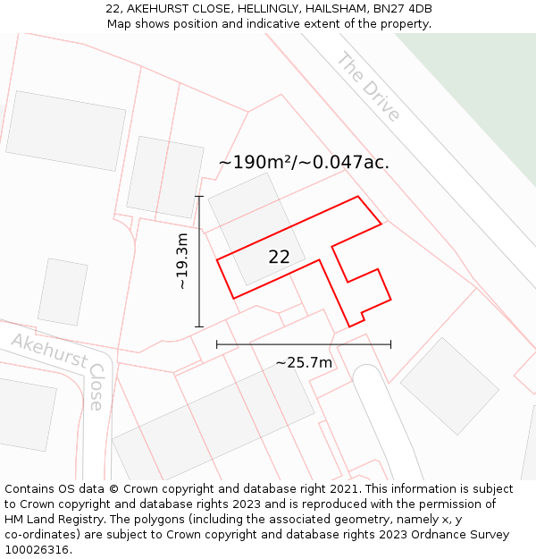 22, AKEHURST CLOSE, HELLINGLY, HAILSHAM, BN27 4DB: Plot and title map