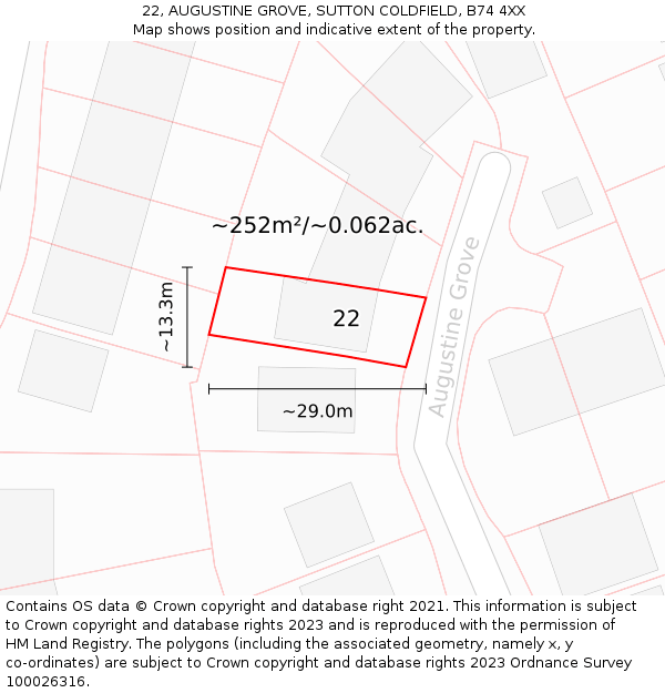 22, AUGUSTINE GROVE, SUTTON COLDFIELD, B74 4XX: Plot and title map