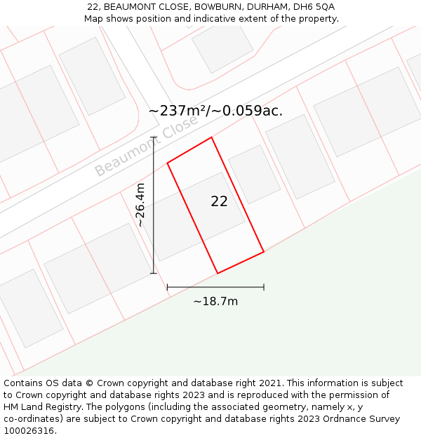22, BEAUMONT CLOSE, BOWBURN, DURHAM, DH6 5QA: Plot and title map