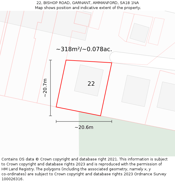 22, BISHOP ROAD, GARNANT, AMMANFORD, SA18 1NA: Plot and title map