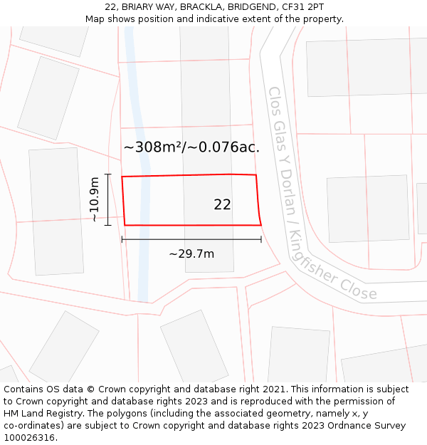 22, BRIARY WAY, BRACKLA, BRIDGEND, CF31 2PT: Plot and title map
