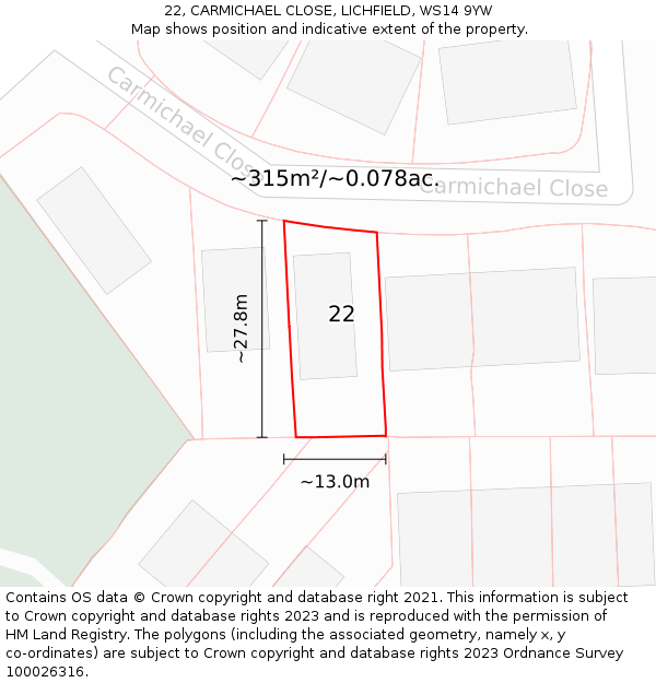 22, CARMICHAEL CLOSE, LICHFIELD, WS14 9YW: Plot and title map