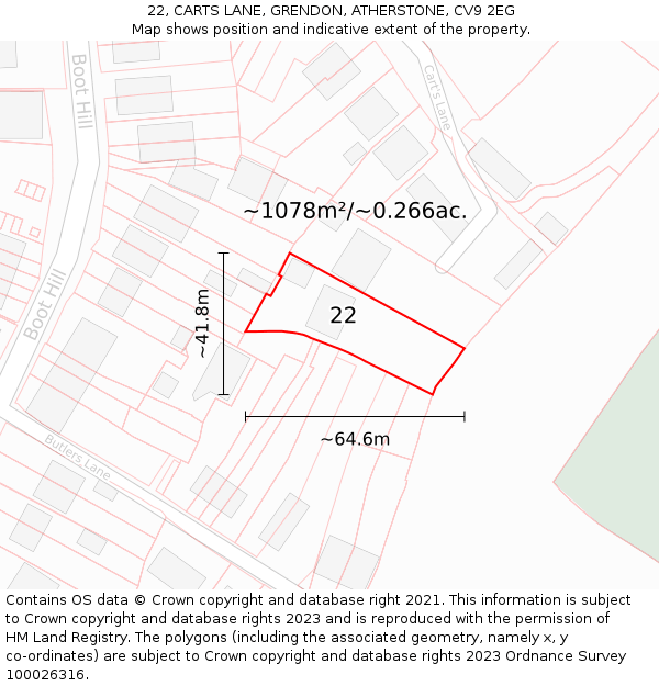 22, CARTS LANE, GRENDON, ATHERSTONE, CV9 2EG: Plot and title map